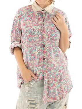 Magnolia Pearl Rare Red Clover Floral Cotton Boyfriend Shirt